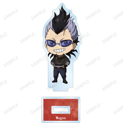 Black Clover asta chibi acrylic standee featuring spiky black gray hair character with purple sunglasses acrylic display