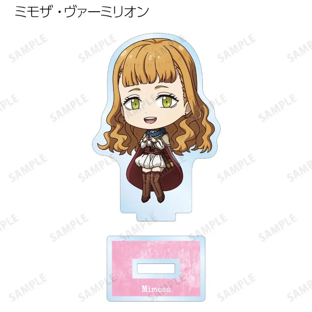 Chibi-style mimosa acrylic standee with green eyes and golden-brown hair in an asta chibi acrylic black clover display