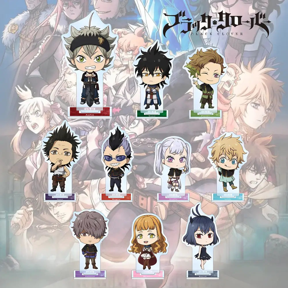 Black clover asta chibi acrylic standee featuring colorful hair and outfits in a sturdy acrylic display perfect for fans