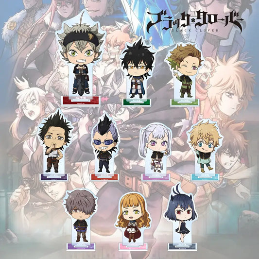 Black clover asta chibi acrylic standee featuring colorful hair and outfits in a sturdy acrylic display perfect for fans