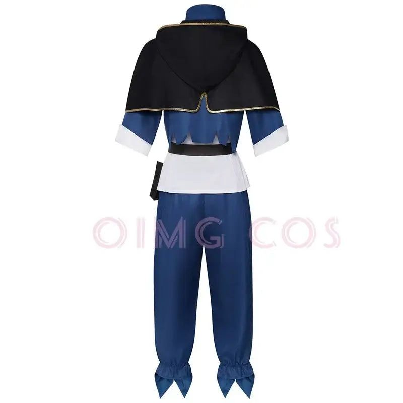 Blue and black black clover asta cosplay costume with gold-trimmed hood white cuffs and waistband tailored jacket and pants