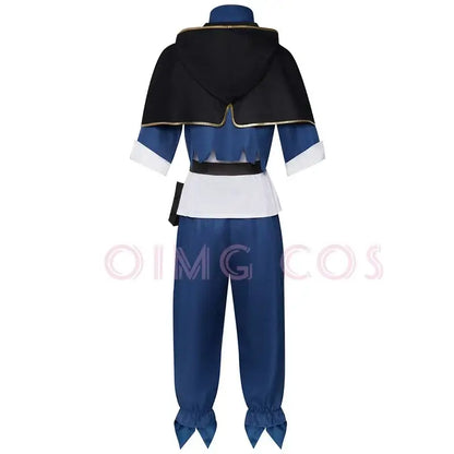 Blue and black black clover asta cosplay costume with gold-trimmed hood white cuffs and waistband tailored jacket and pants