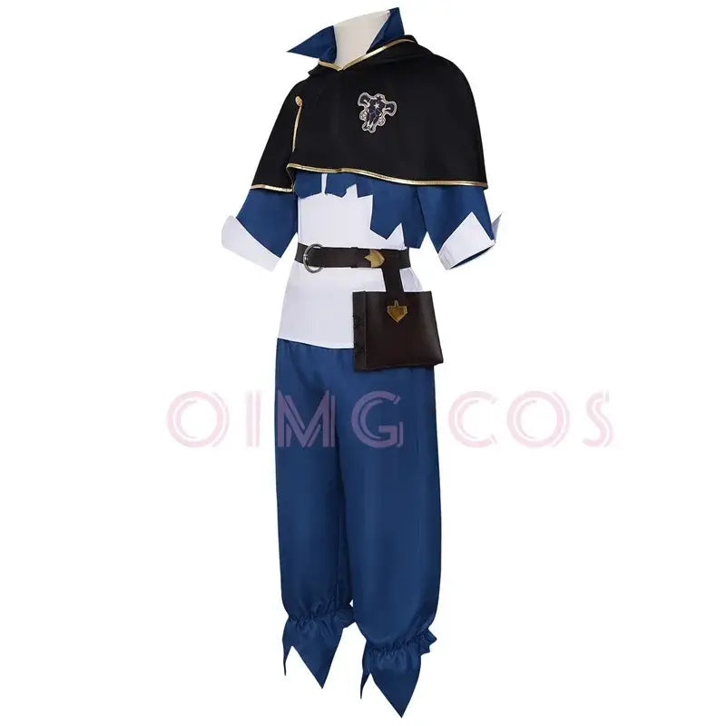 Black clover asta cosplay costume with black and blue hooded top gold trim white undershirt matching pants and brown pouch
