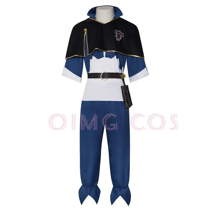 Black clover asta cosplay costume featuring blue and white outfit with black cape gold trim and silver chest emblem