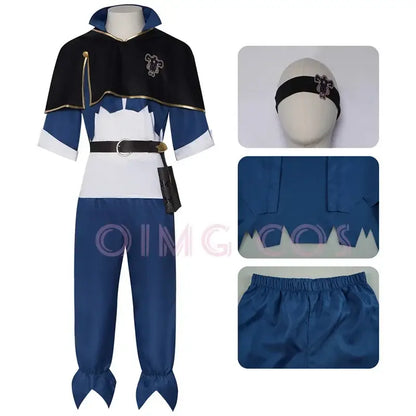 Black clover asta cosplay costume featuring blue and white uniform with black cape, gold trim, and ornate headband