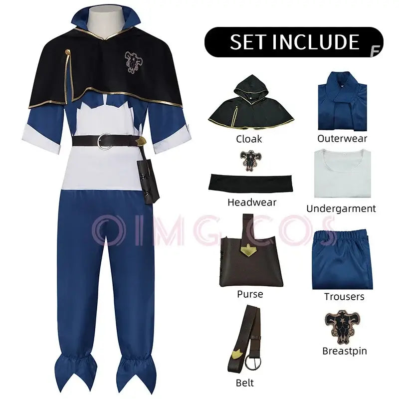 Blue and white black clover asta cosplay costume with black cape gold trim and matching breastpin adult uniform