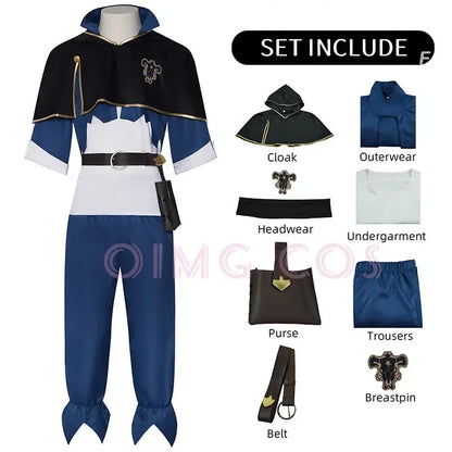 Blue and white black clover asta cosplay costume with black cape gold trim and matching breastpin adult uniform