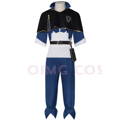 Black clover asta cosplay costume featuring blue and white outfit with black cape gold trim and silver chest emblem