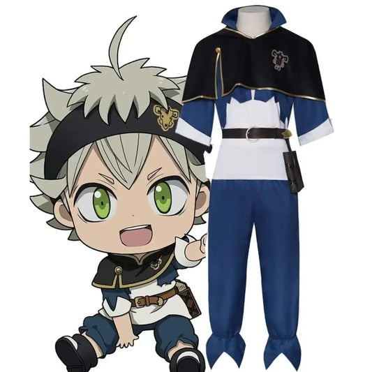 Black clover asta cosplay costume with black and blue magic knight cloak, gold trim, white chest panel, and matching pants