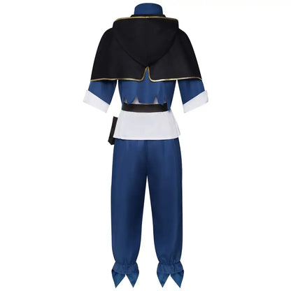 Black clover asta cosplay costume with blue and black satin magic knight cloak featuring gold trim and white cuffs
