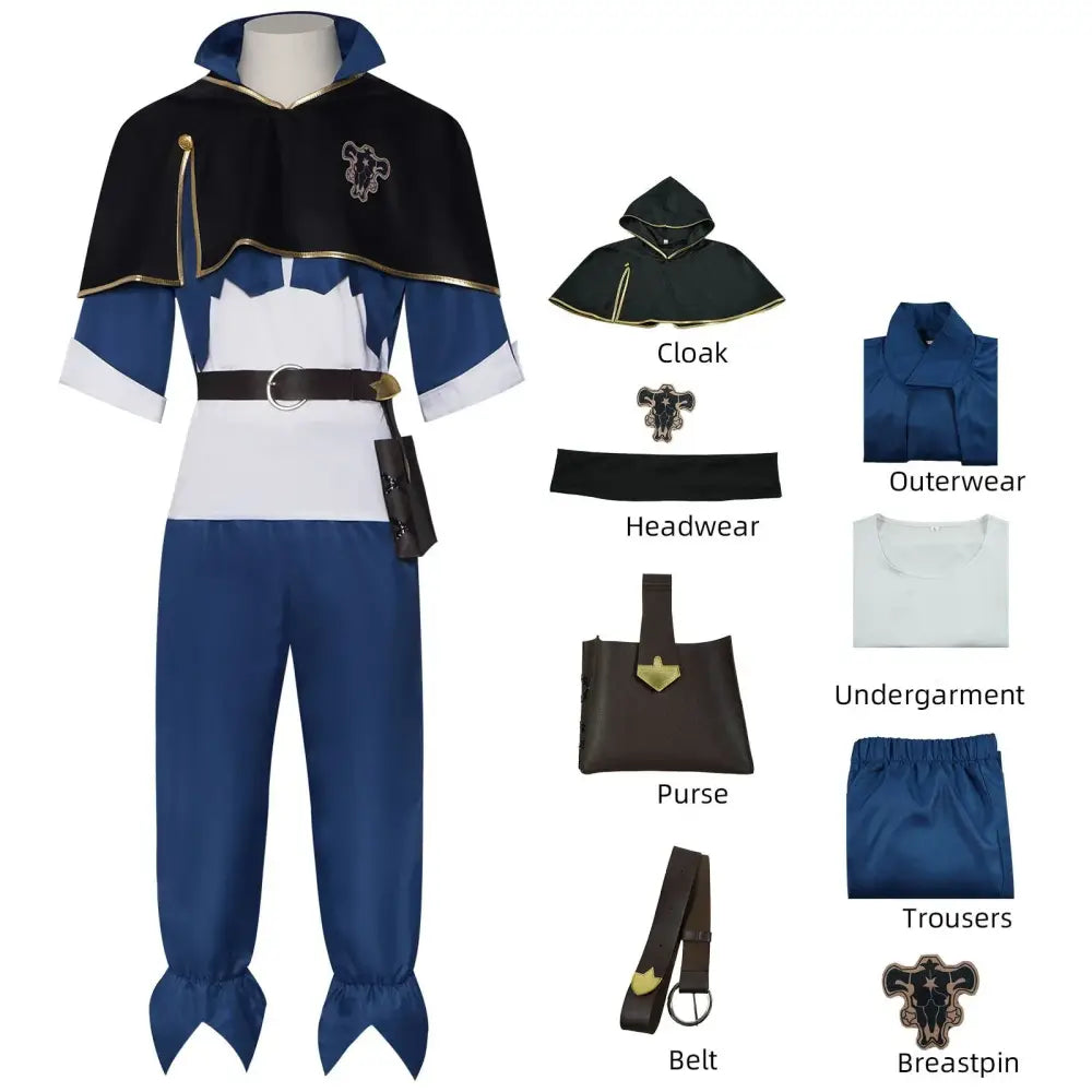 Blue and white black clover asta cosplay costume with gold-trimmed magic knight cloak and chest emblem