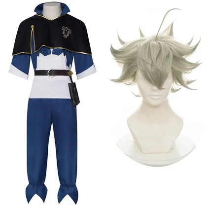 Blue and white black clover asta cosplay costume with magic knight cloak black cape and silver emblem with gray wig