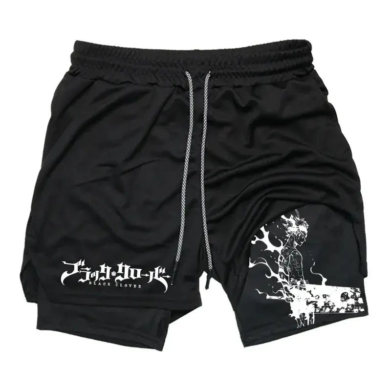 Black clover asta black athletic cotton shorts with white clover asta demon logo and silver drawstrings
