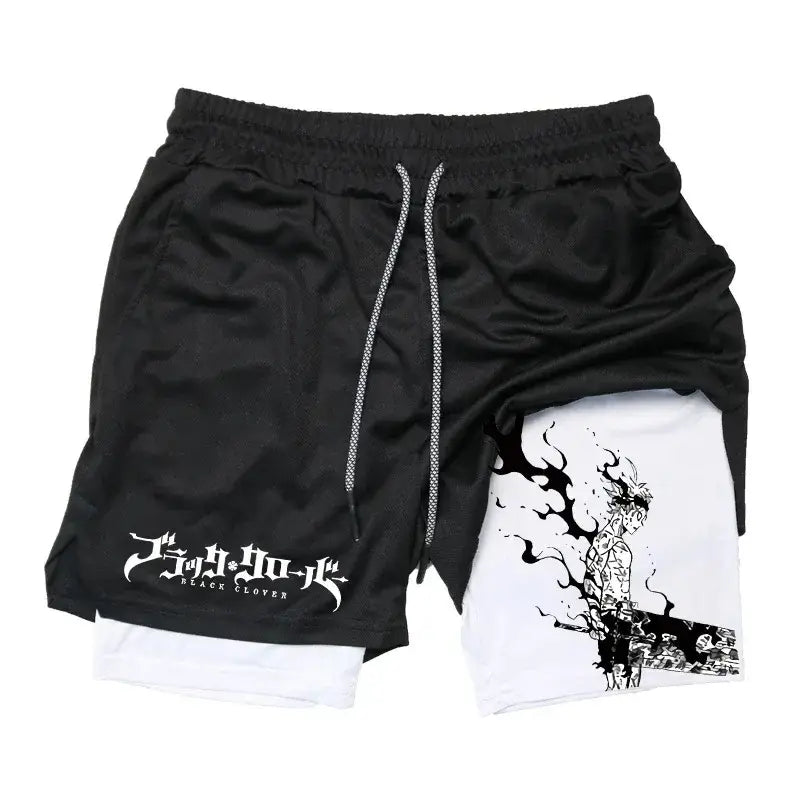 Black clover asta demon two in one cotton shorts in black and white featuring character illustration on the leg