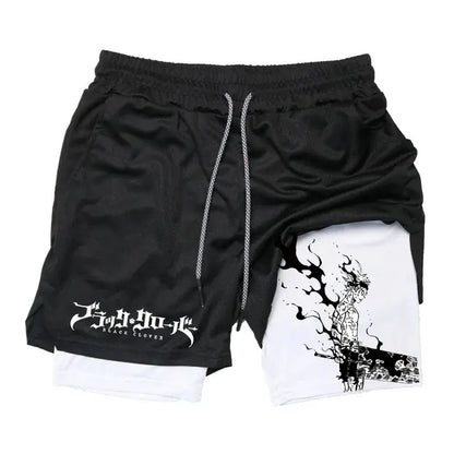 Black clover asta demon two in one cotton shorts in black and white featuring character illustration on the leg