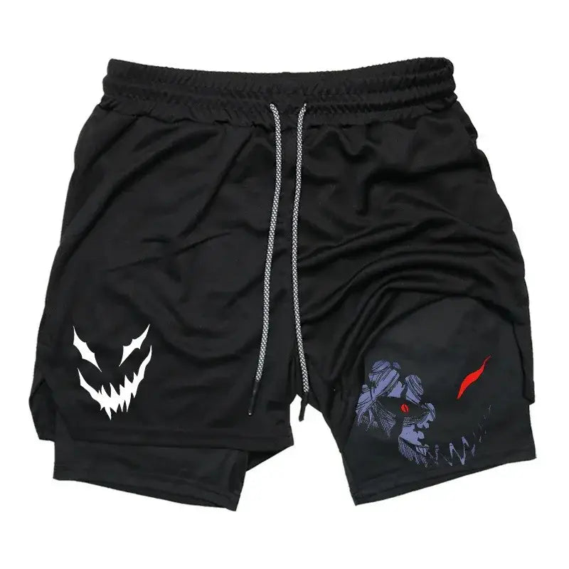 Black clover asta demon black cotton shorts with double-layer design and white red monster face graphics on sides