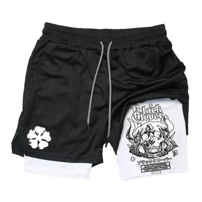 Black clover asta black athletic cotton shorts with white inner layer featuring skull graphic and four-leaf clover emblem