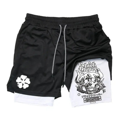 Black clover asta black athletic cotton shorts with white inner layer featuring skull graphic and four-leaf clover emblem