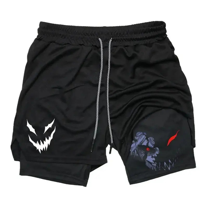 Black clover asta demon black cotton athletic shorts with double-layer design and white red skull graphics on sides