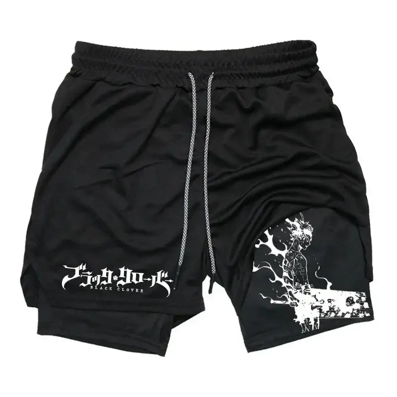 Black clover asta demon shorts in black cotton with white logo and character graphic and drawstring waistband