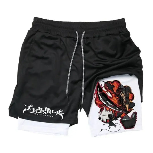 Black clover asta demon shorts in black and white cotton with vibrant anime graphic and black clover branding on the side