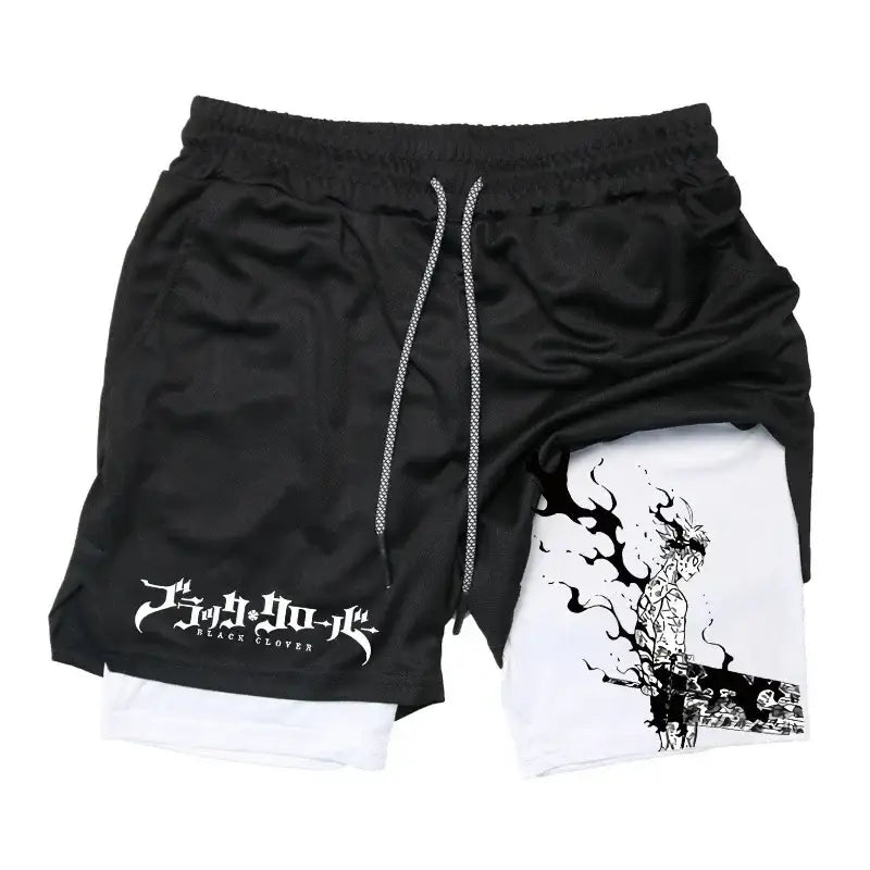 Black clover asta demon black and white cotton two-in-one shorts with asta illustration for streetwear use