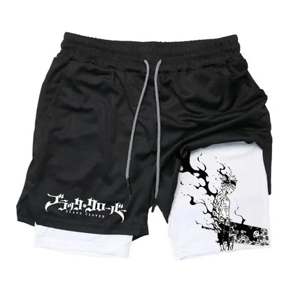 Black clover asta demon black and white cotton two-in-one shorts with asta illustration for streetwear use