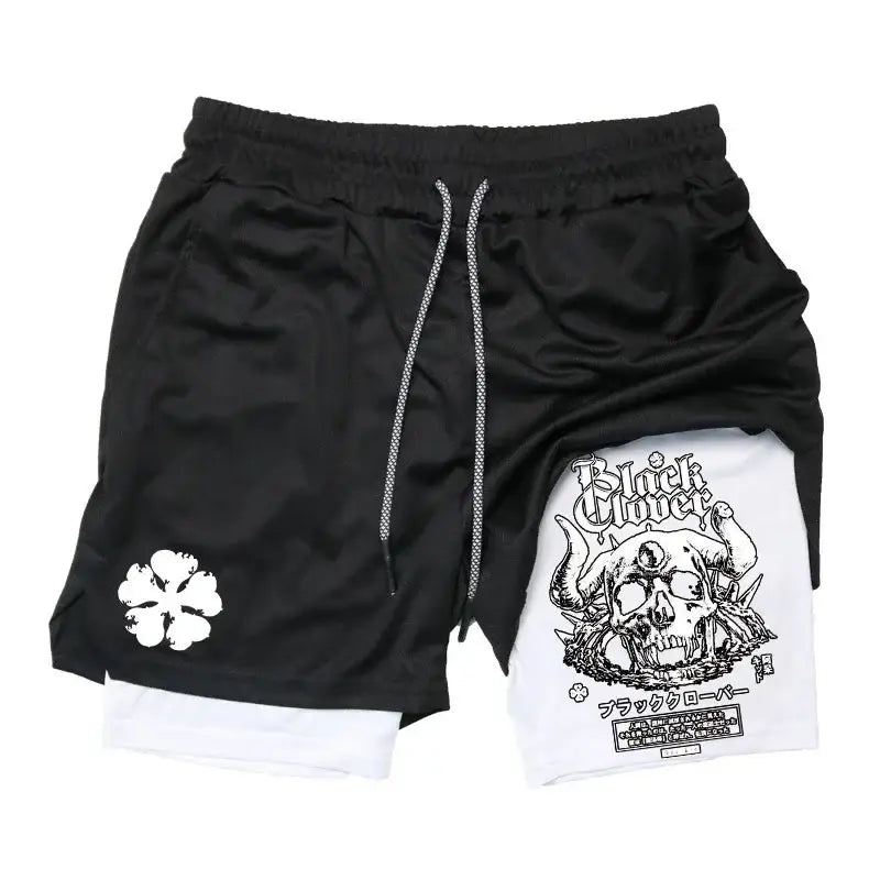 Black clover asta demon black and white cotton shorts with skull graphic japanese text and four leaf clover emblem