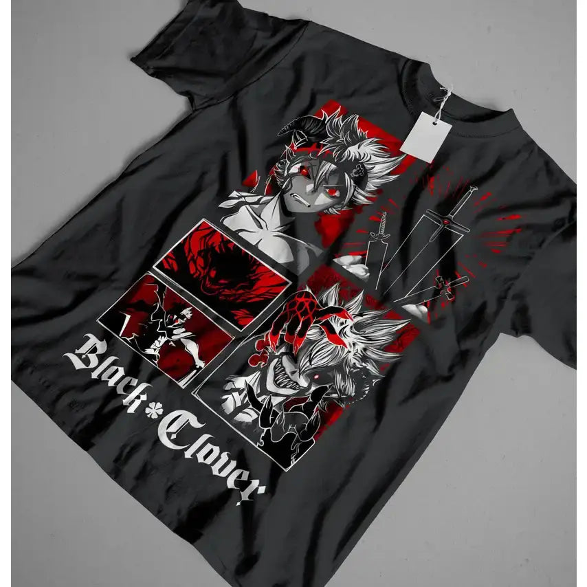 Black clover asta demon t-shirt featuring bold red and white anime graphics with swords and stylized logo on black tee