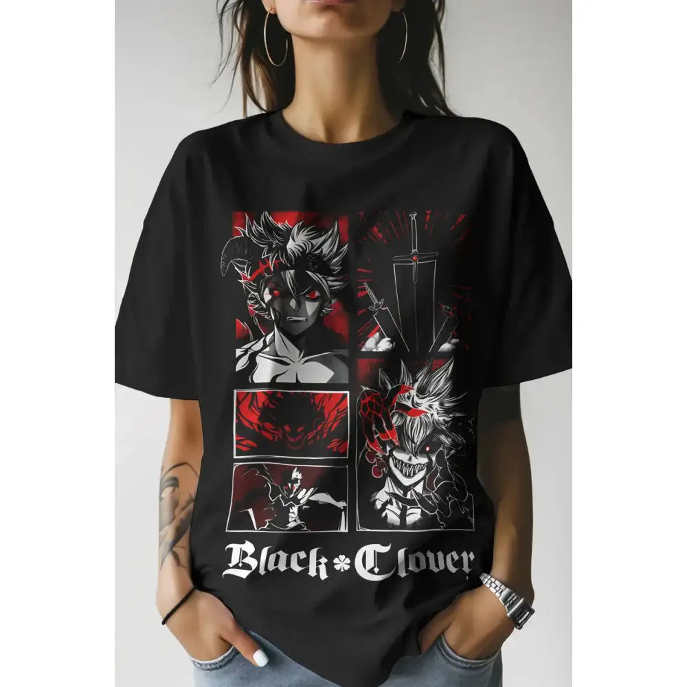 Black t-shirt with bold asta demon graphic print in white red and black from black clover anime tee