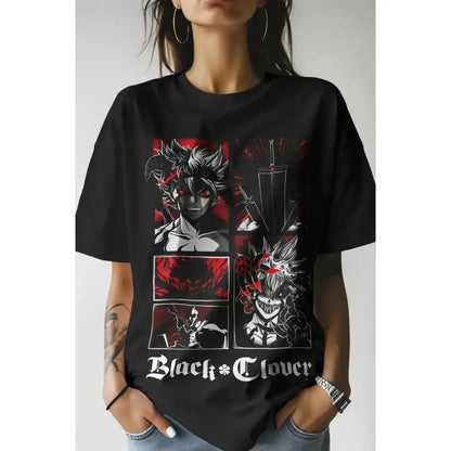 Black t-shirt with bold asta demon graphic print in white red and black from black clover anime tee