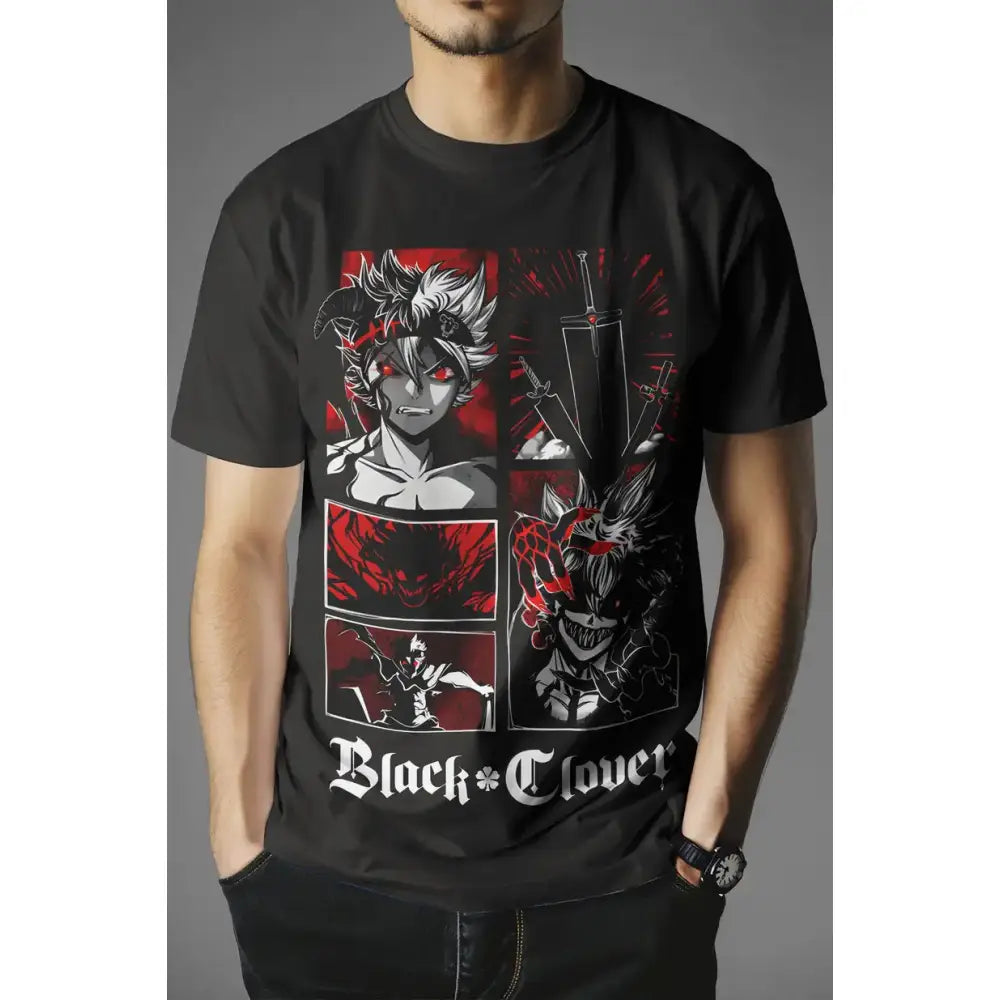 Black clover asta demon t-shirt with bold red and white anime graphic on black cotton fabric for casual wear