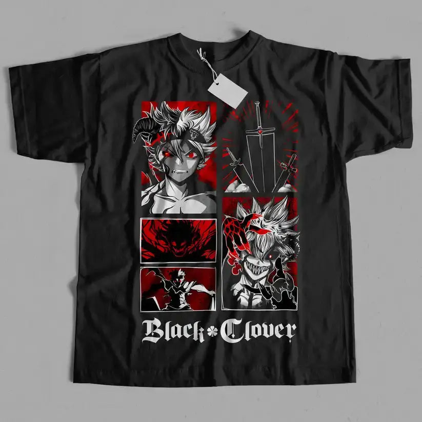 Black t-shirt featuring a bold red and white black clover asta demon anime design with character illustrations