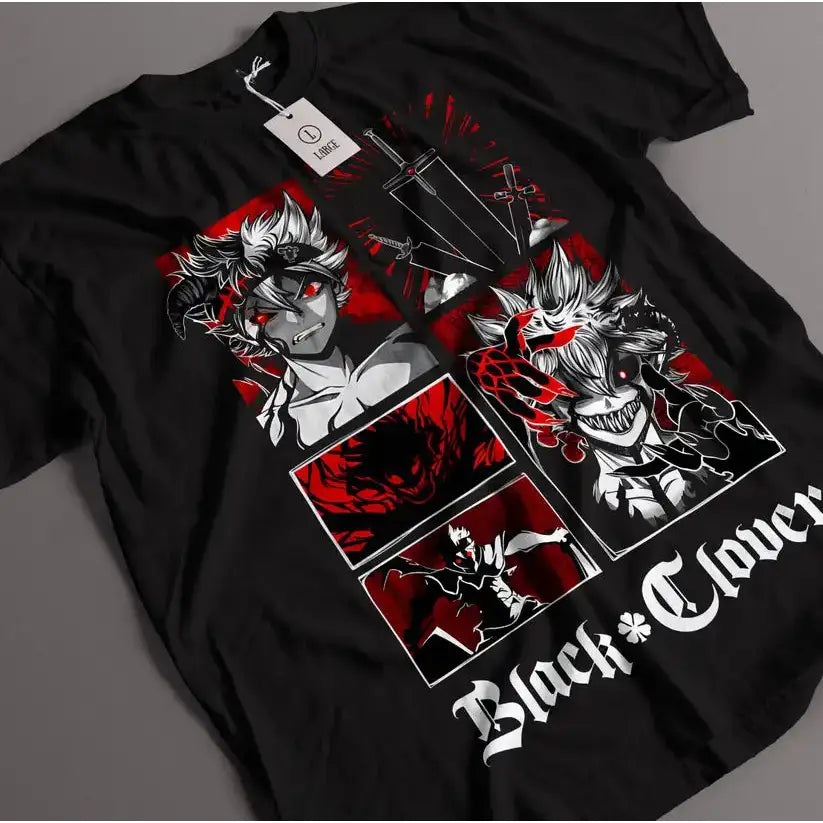 Black t-shirt featuring a bold red and white asta demon graphic from black clover anime graphic tee