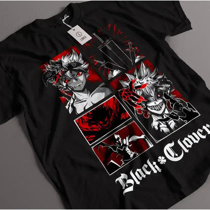 Black t-shirt featuring a bold red and white asta demon graphic from black clover anime graphic tee
