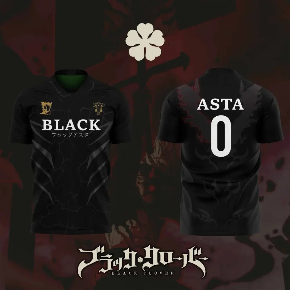Black clover asta football jersey in black with gold and white accents showing black on front and asta 0 on back