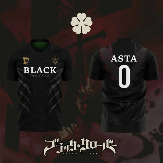 Black clover asta football jersey in black with gold and white accents showing black on front and asta 0 on back