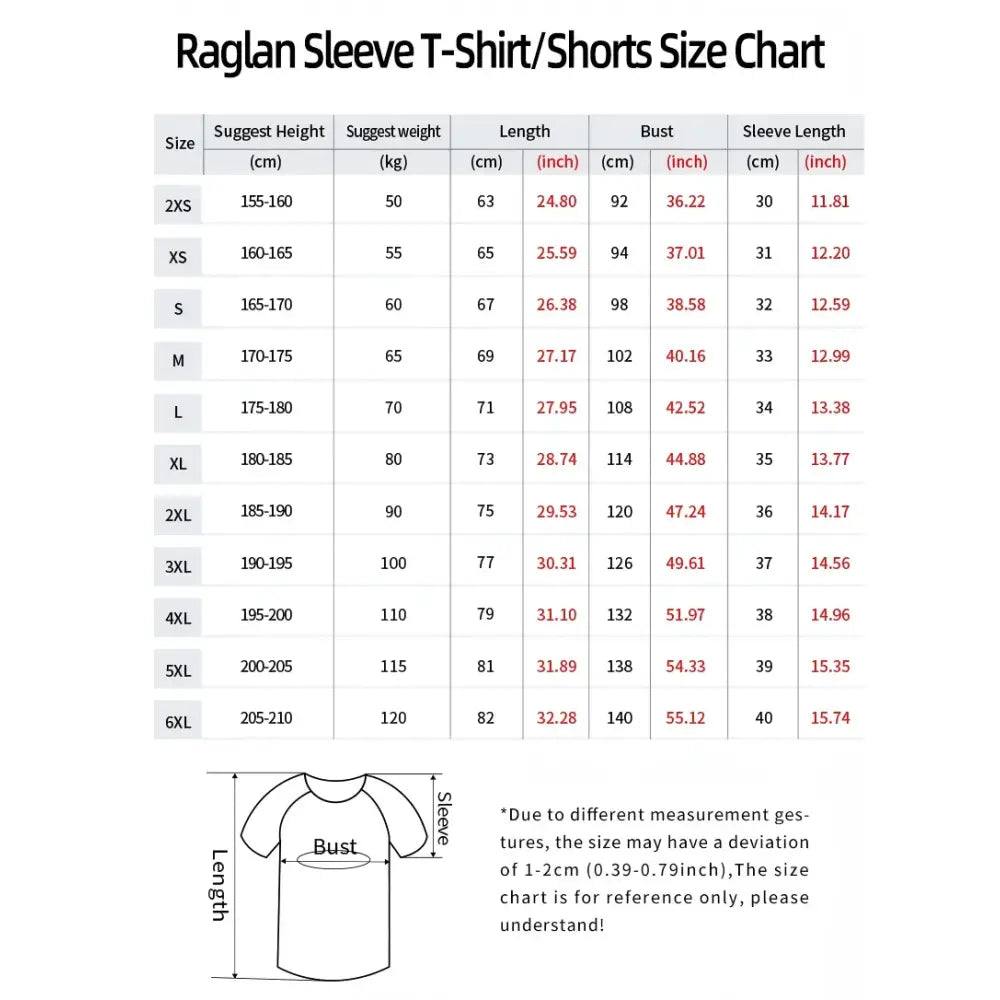 Raglan sleeve t-shirt size chart in centimeters and inches for black clover asta football 3d print tee sizes 2xs to 6xl