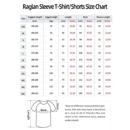 Raglan sleeve t-shirt size chart in centimeters and inches for black clover asta football 3d print tee sizes 2xs to 6xl