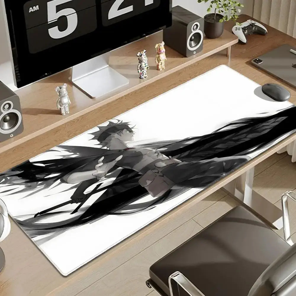 Black clover asta desk mat featuring a large black and white anime illustration for gaming use