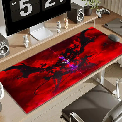 Black Clover Asta gaming desk mat with vibrant red and black anime design and glowing purple accents for gamers