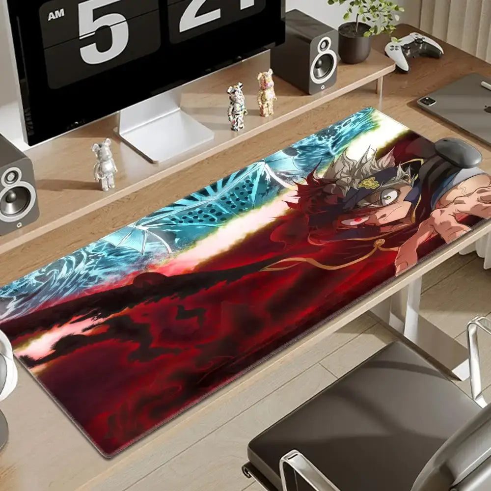 Black clover asta gaming desk mat featuring vibrant red and blue energy anime illustration on smooth surface