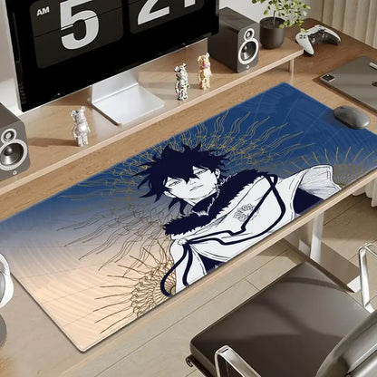 Black clover asta large desk mat gaming mouse pad with blue white anime design and intricate golden line art