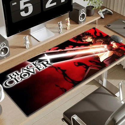 Large red and black black clover asta gaming desk mat featuring anime character with glowing sword design