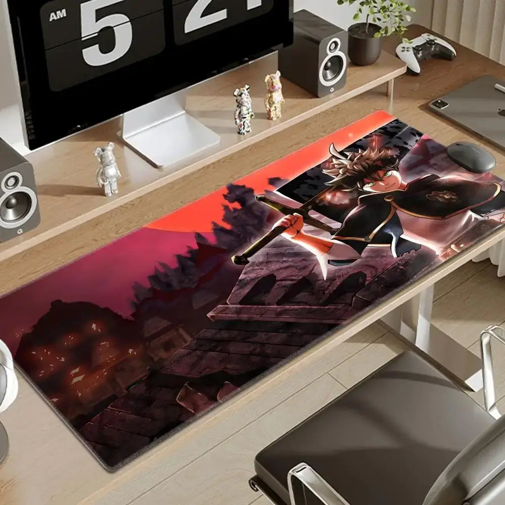 Black clover Asta gaming desk mat with vibrant red and black anime character print on smooth surface material