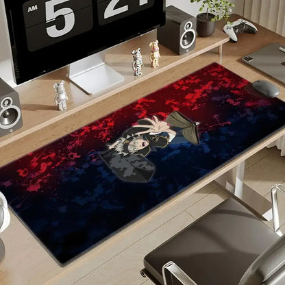 Black clover asta large desk mat featuring vibrant anime design with red and dark blue splatter effects for gaming