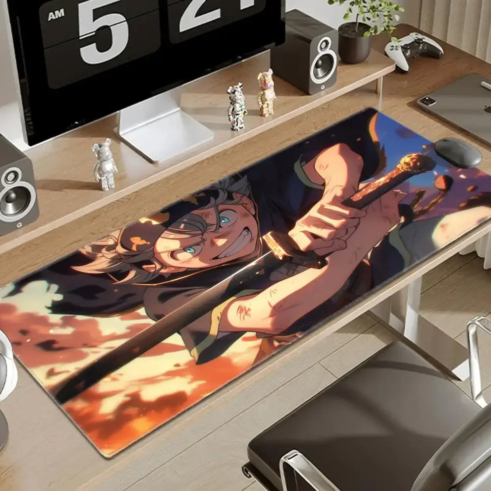 Black clover asta gaming desk mat featuring anime character with brown hair and blue eyes holding sword on fiery background