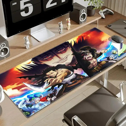 Vibrant large desk mat with black clover asta anime characters in action against a fiery sky backdrop for gaming use