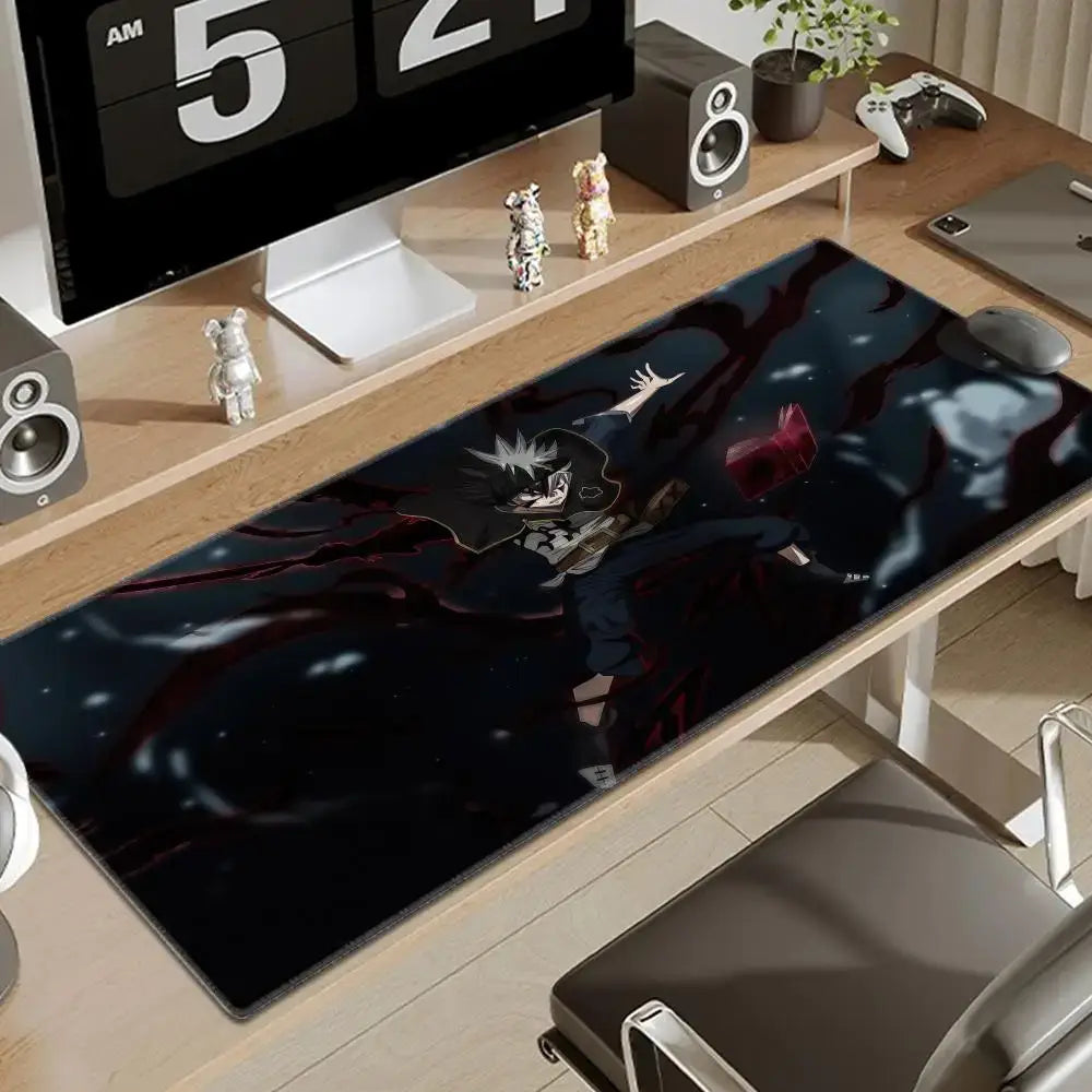 Black clover asta gaming desk mat featuring a large black and red anime character illustration for gamers