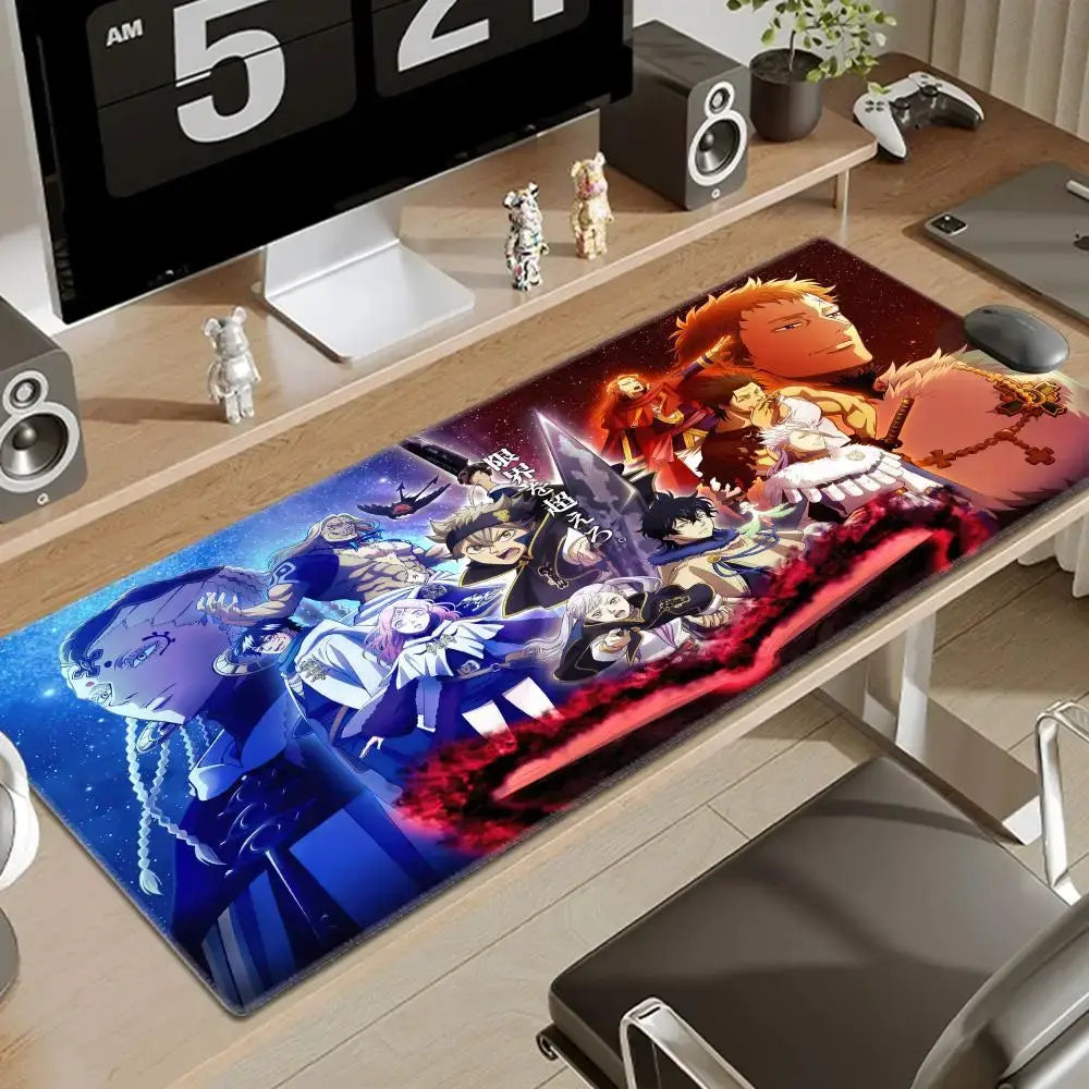 Black clover asta gaming desk mat featuring vibrant blue and red anime characters on a smooth large surface material